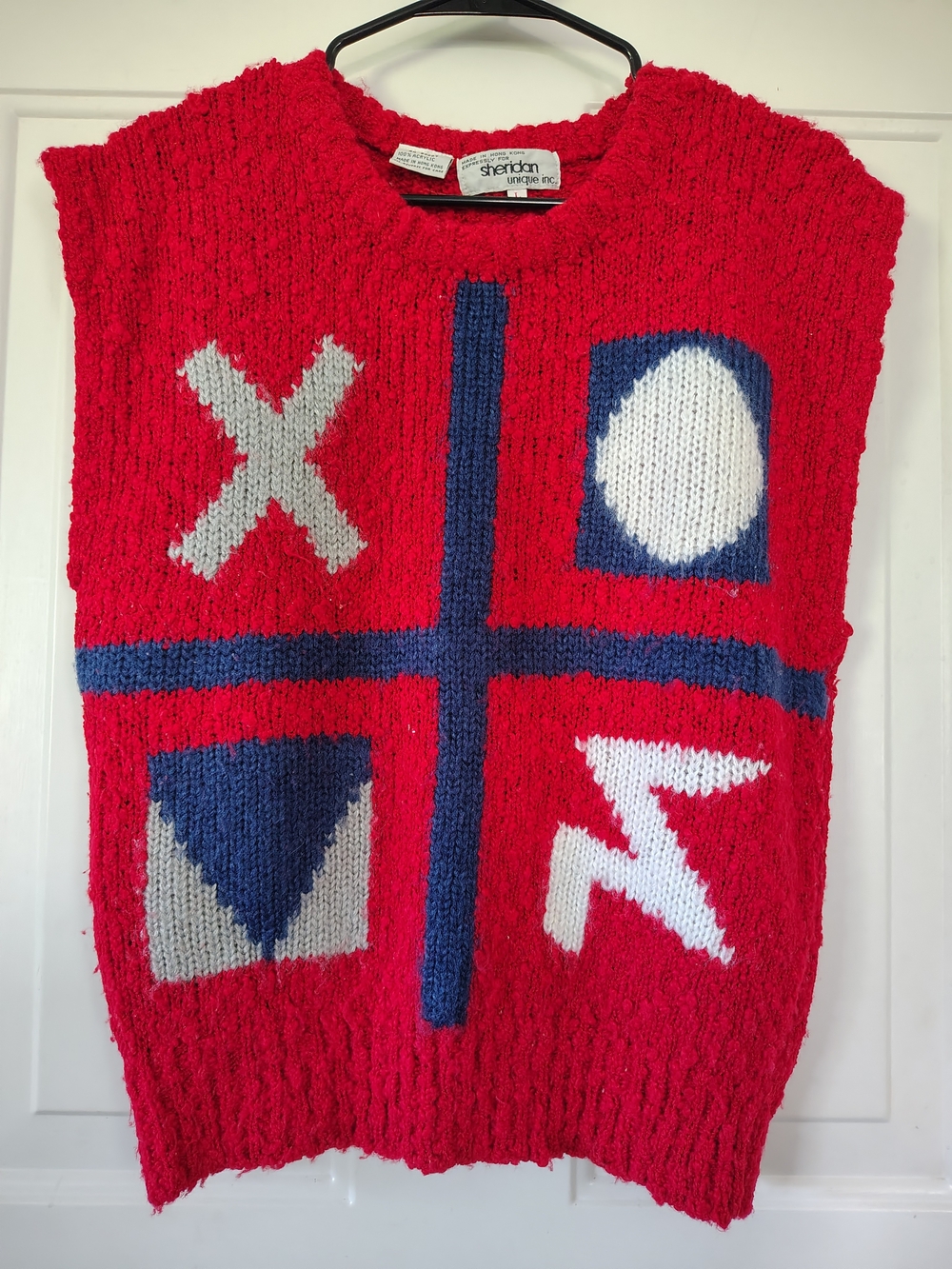 Vintage 80s Sheridan Unique Knit Sweater Vest Red Geometric Abstract Chunky L